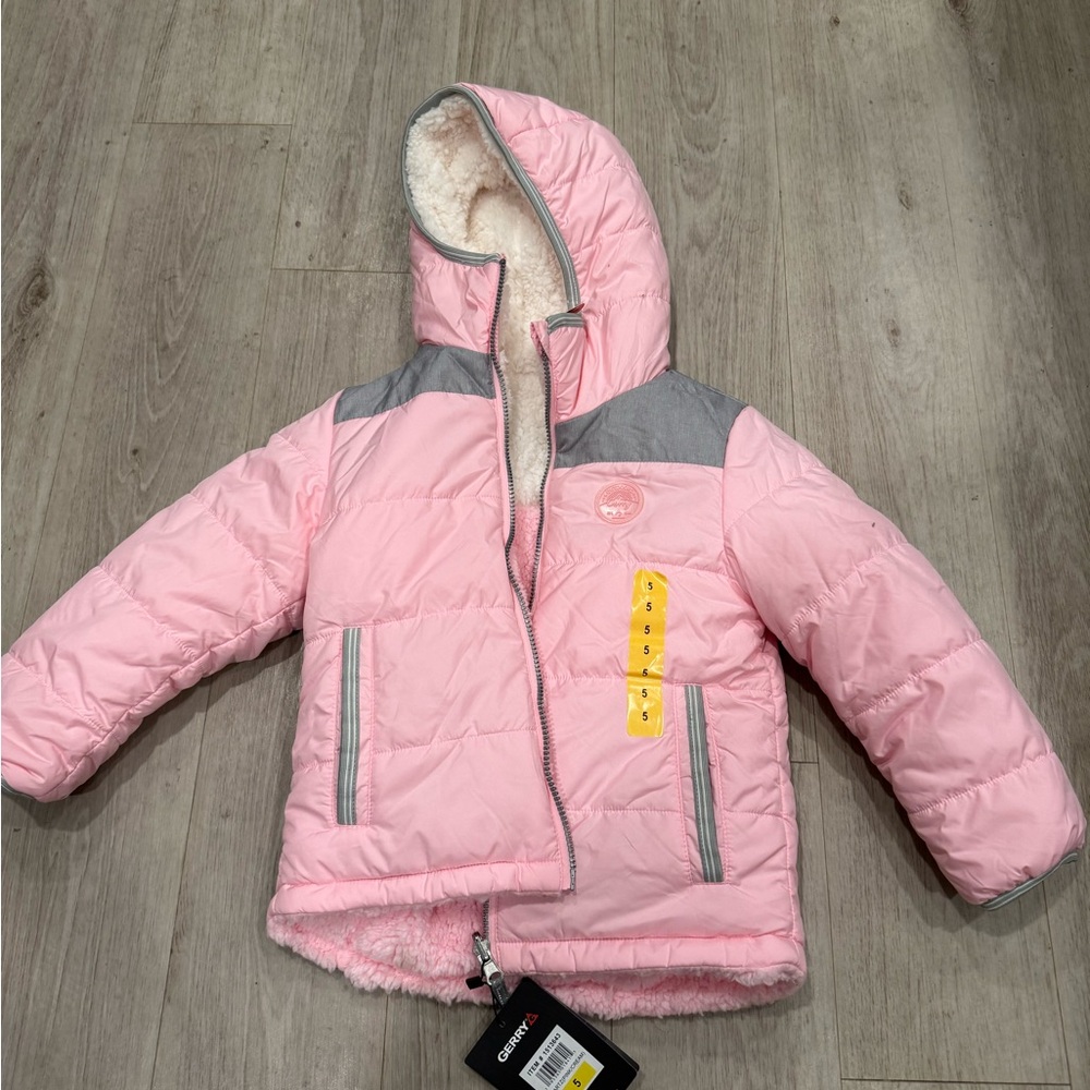 Pink and Gray Hooded Puffer Jacket girls size 5 Sherpa lined zipper